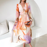 BARONA - VESTIDO MAXI CHIC MULTICOLOR DE MANGAS LARGAS