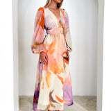 BARONA - VESTIDO MAXI CHIC MULTICOLOR DE MANGAS LARGAS