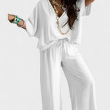 Ivory | Relaxed V-Neck Top & Wide-Leg Pants
