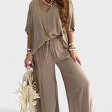Ivory | Relaxed V-Neck Top & Wide-Leg Pants