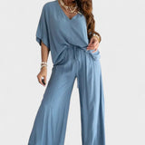 Ivory | Relaxed V-Neck Top & Wide-Leg Pants